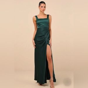 Lulus Dress Womens Med Emerald Green Red Carpet Romance Satin Square Neck Maxi